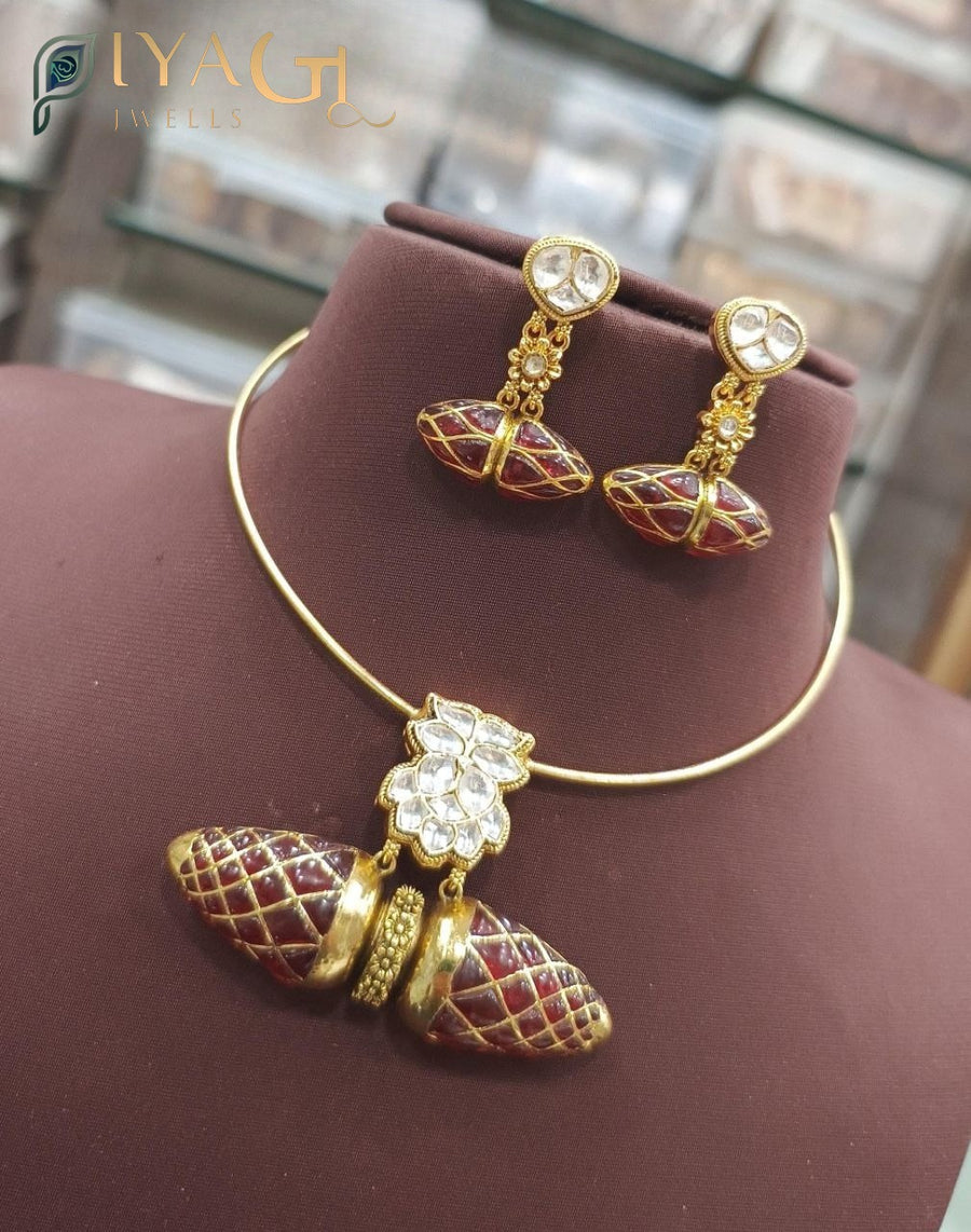Gold polished floral choker necklace earring set with white stones for festive wear - PiyaGuJwells