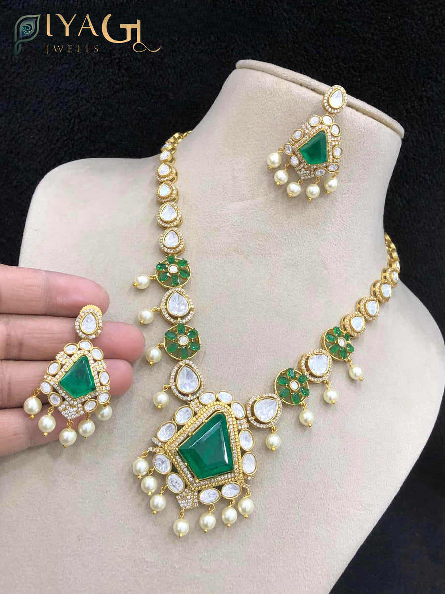 Gold antique finish geometric design multicolor Stone stones layered necklace set for festive occasions - PiyaGuJwells