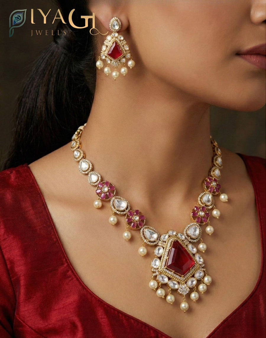 Gold antique finish geometric design multicolor Stone stones layered necklace set for festive occasions - PiyaGuJwells