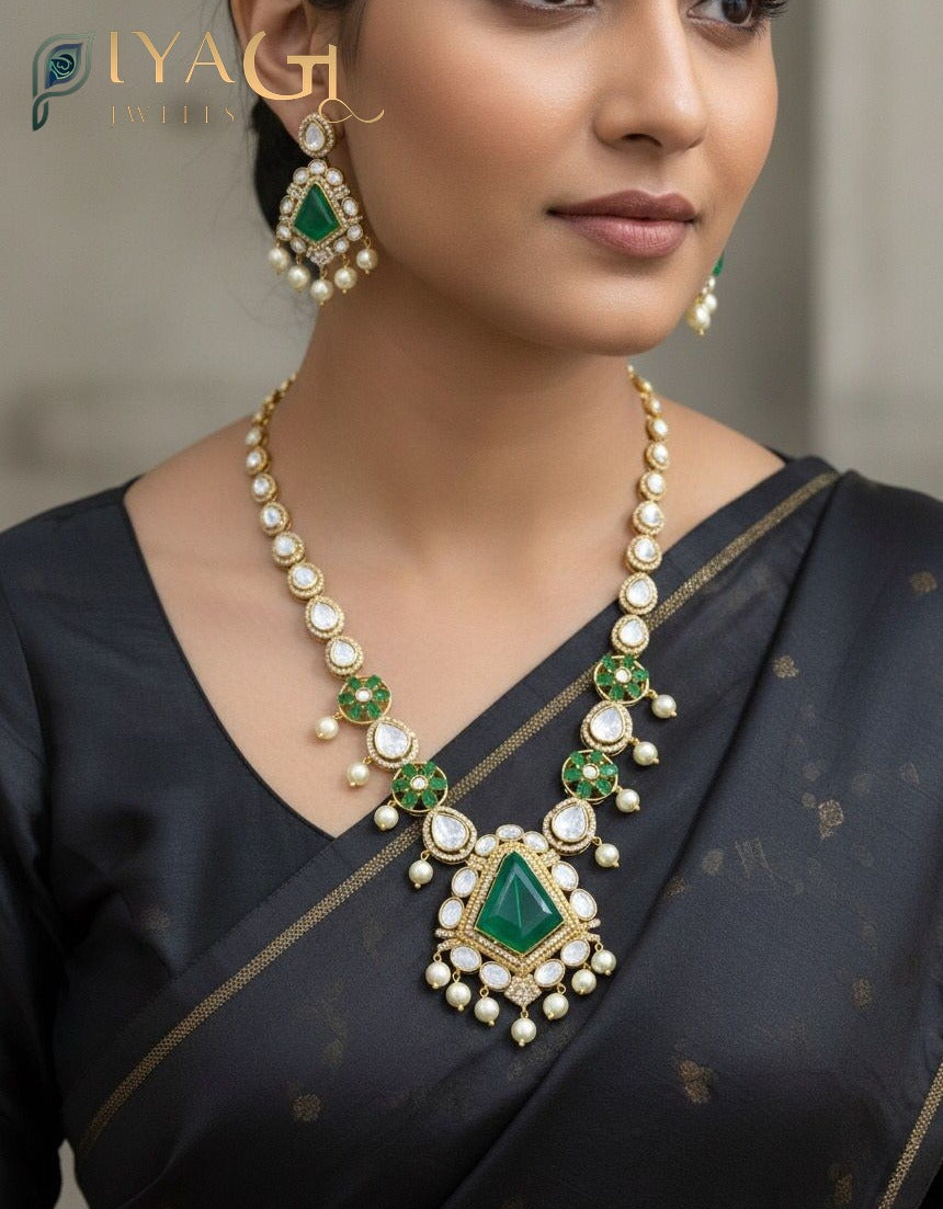 Gold antique finish geometric design multicolor Stone stones layered necklace set for festive occasions - PiyaGuJwells