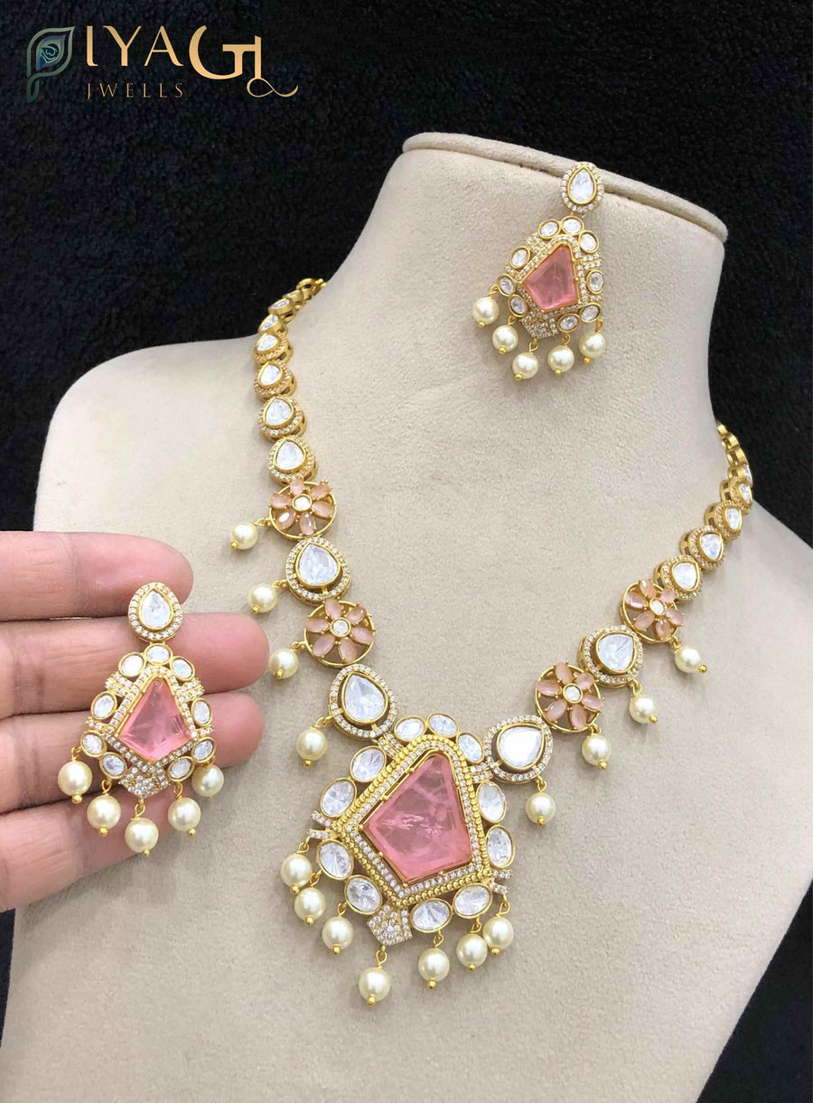 Gold antique finish geometric design multicolor Stone stones layered necklace set for festive occasions - PiyaGuJwells