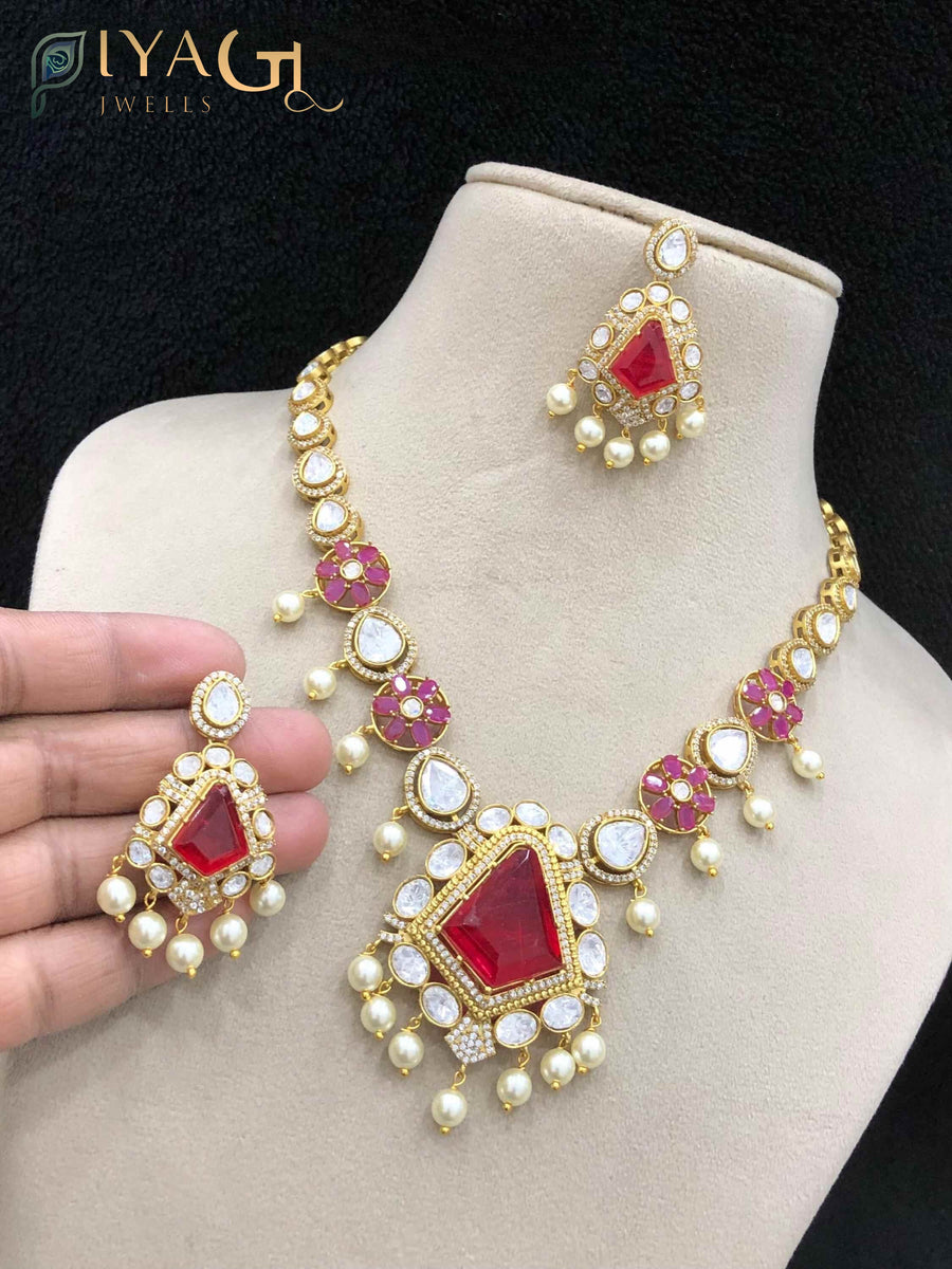 Gold antique finish geometric design multicolor Stone stones layered necklace set for festive occasions - PiyaGuJwells