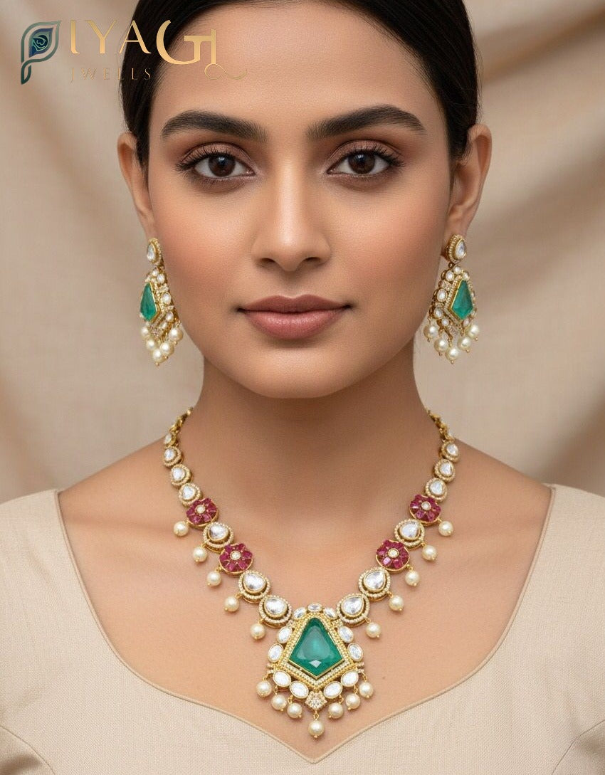 Gold antique finish geometric design multicolor Stone stones layered necklace set for festive occasions - PiyaGuJwells