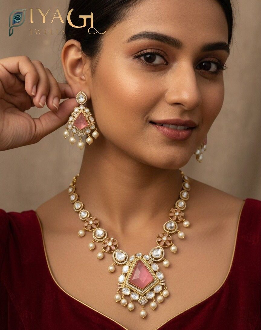 Gold antique finish geometric design multicolor Stone stones layered necklace set for festive occasions - PiyaGuJwells