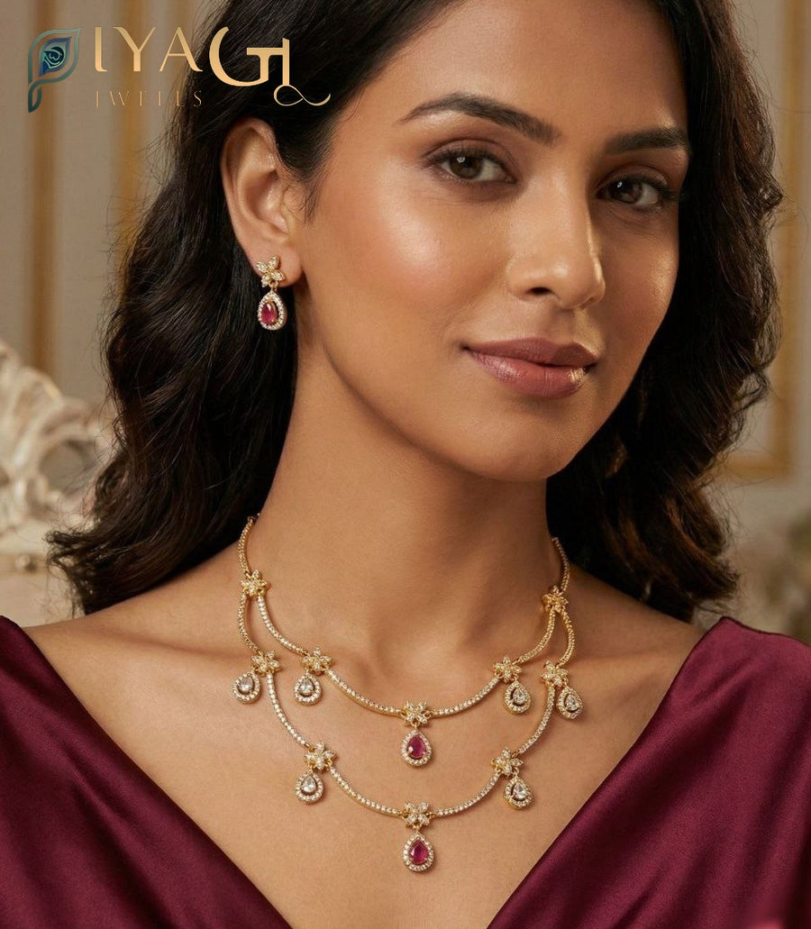 Antique finish layered necklace set with floral motifs and colored stone pendants displayed on a mannequin and model wearing the jewelry. - PiyaGuJwells
