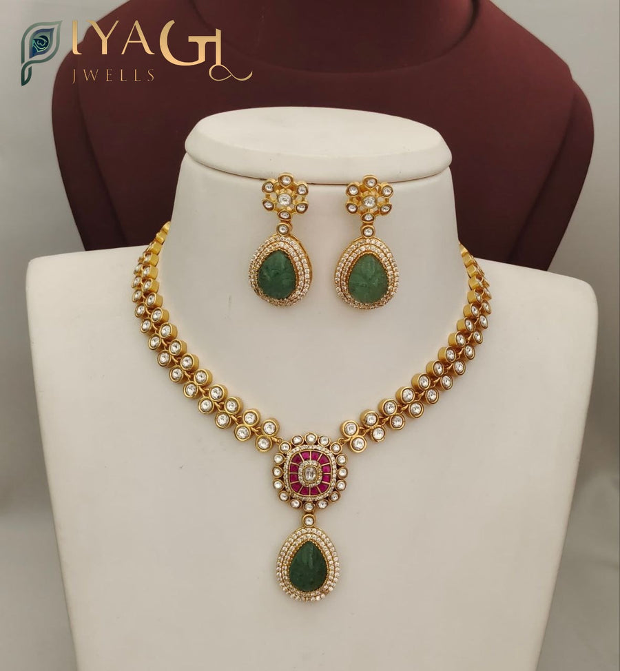 Multicolor stone stones on a gold-tone layered necklace set, perfect for festive wear - PiyaGuJwells