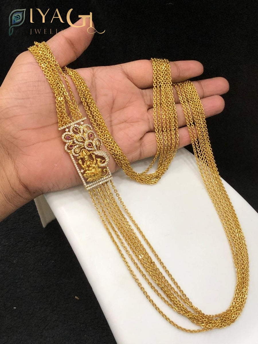 Gold antique finish multicolor cubic zirconia floral design layered necklace and earring set for festive occasions - PiyaGuJwells