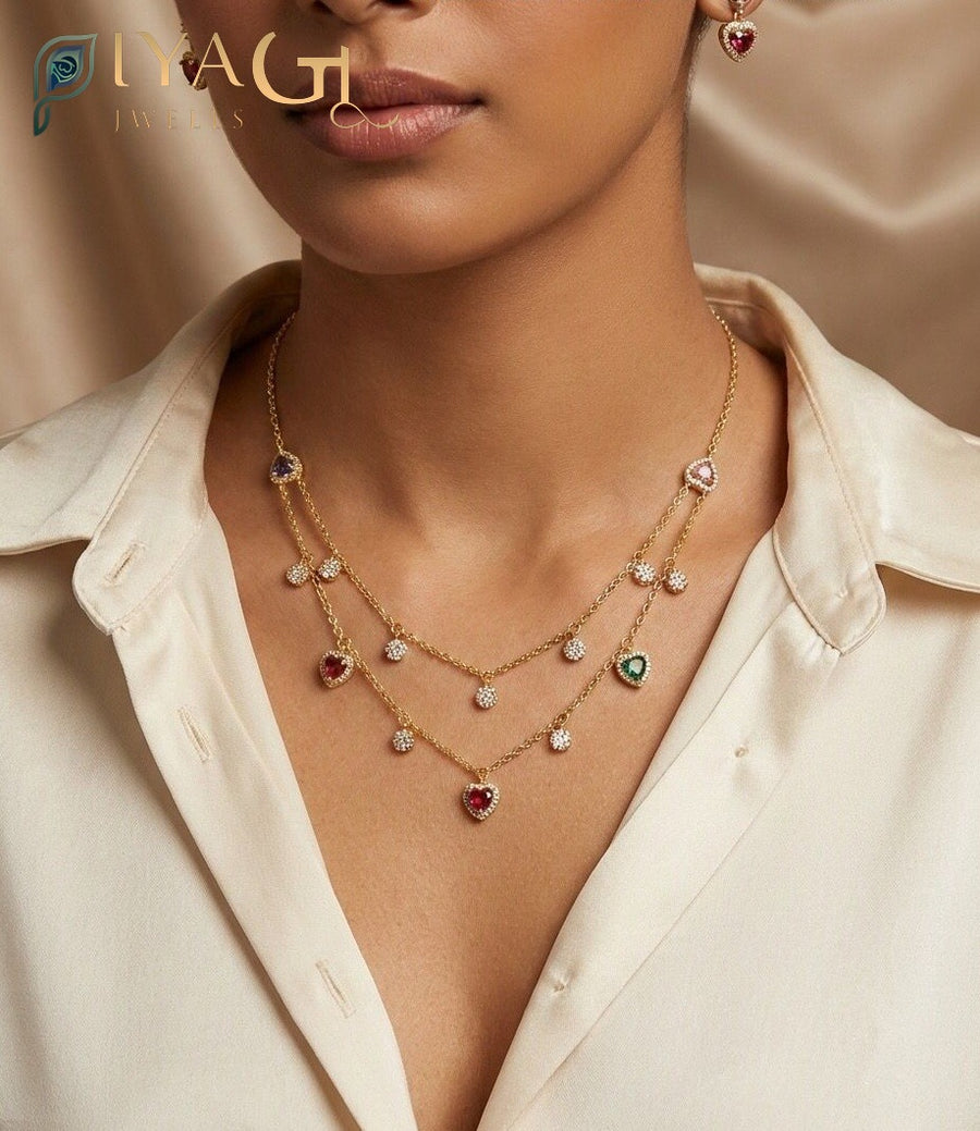 Gold antique polish multicolor cubic zirconia layered necklace set for festive wear - PiyaGuJwells
