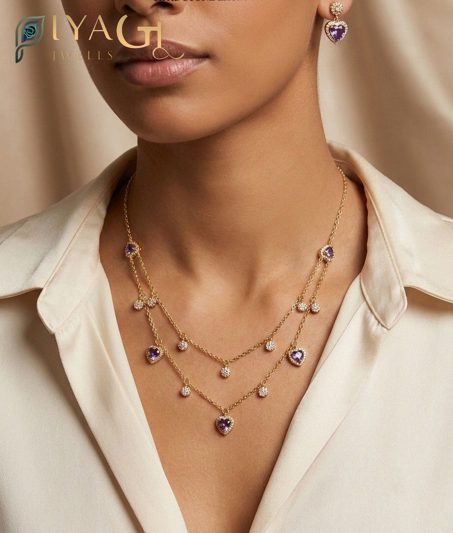 Gold antique polish multicolor cubic zirconia layered necklace set for festive wear - PiyaGuJwells