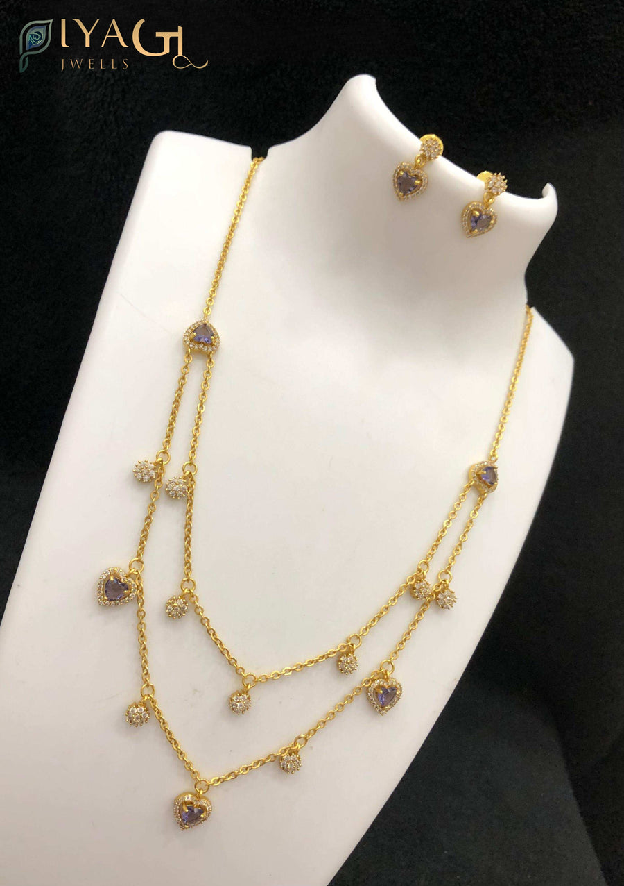 Gold antique polish multicolor cubic zirconia layered necklace set for festive wear - PiyaGuJwells
