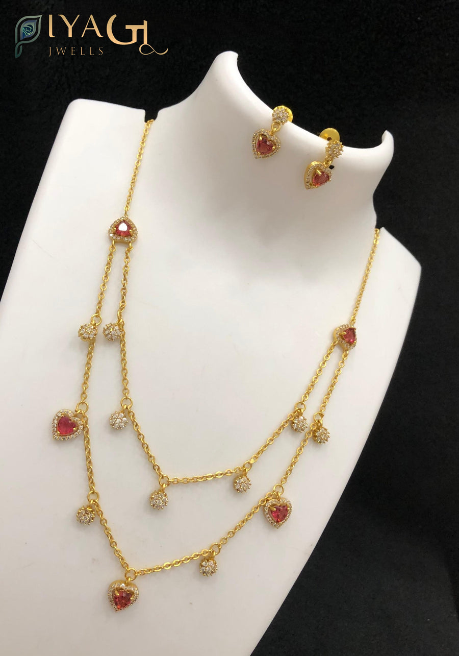 Gold antique polish multicolor cubic zirconia layered necklace set for festive wear - PiyaGuJwells