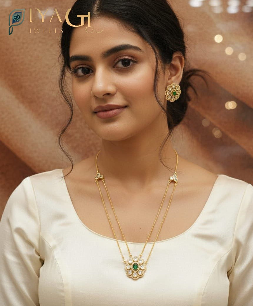 Gold tone floral design stone necklace earring set for festive occasions - PiyaGuJwells