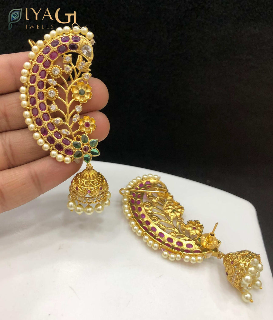 Gold tone multicolor kempu stone floral design medium-sized jhumka earrings for ethnic wear - PiyaGuJwells