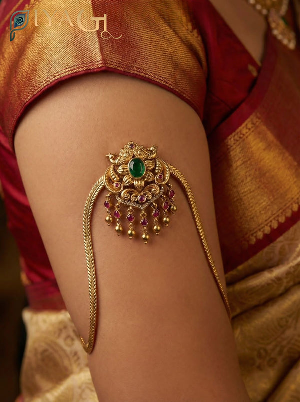 Gold tone antique finish floral cuff Bajuband with green kempu stones for ethnic occasions - PiyaGuJwells