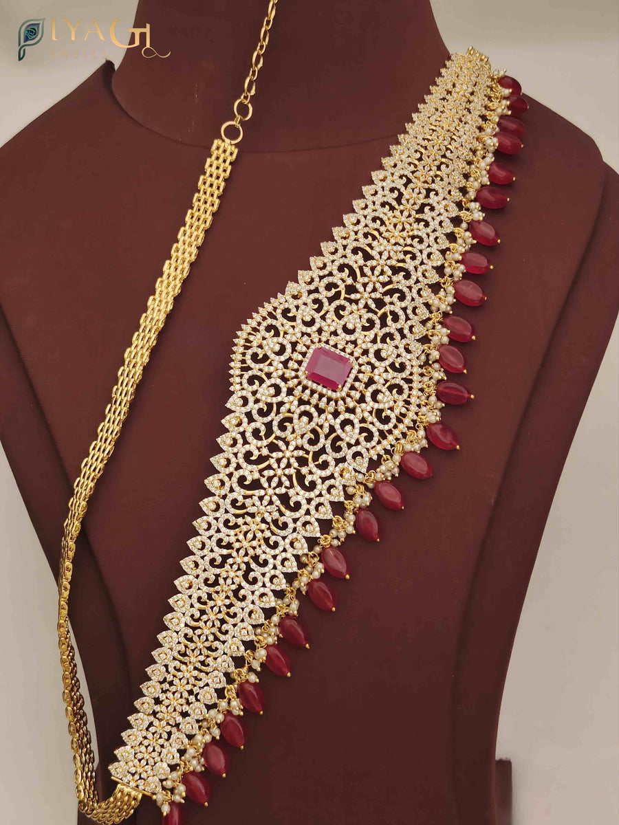Gold-tone floral red stone layered Hip Belt for bridal wear - PiyaGuJwells