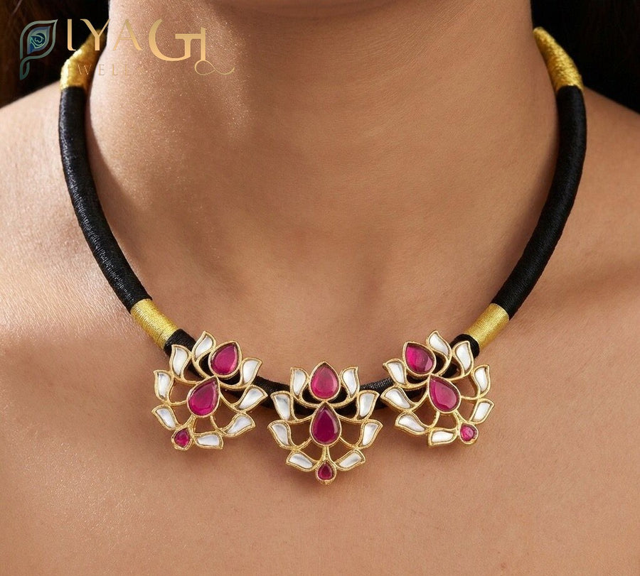 Multicolor gold tone floral design choker necklace with stone stones for festive occasions - PiyaGuJwells