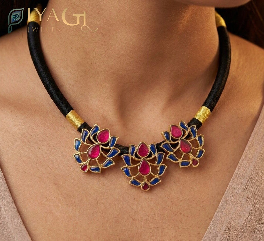 Multicolor gold tone floral design choker necklace with stone stones for festive occasions - PiyaGuJwells
