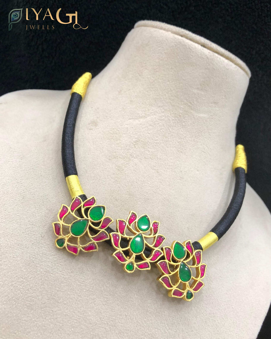 Multicolor gold tone floral design choker necklace with stone stones for festive occasions - PiyaGuJwells