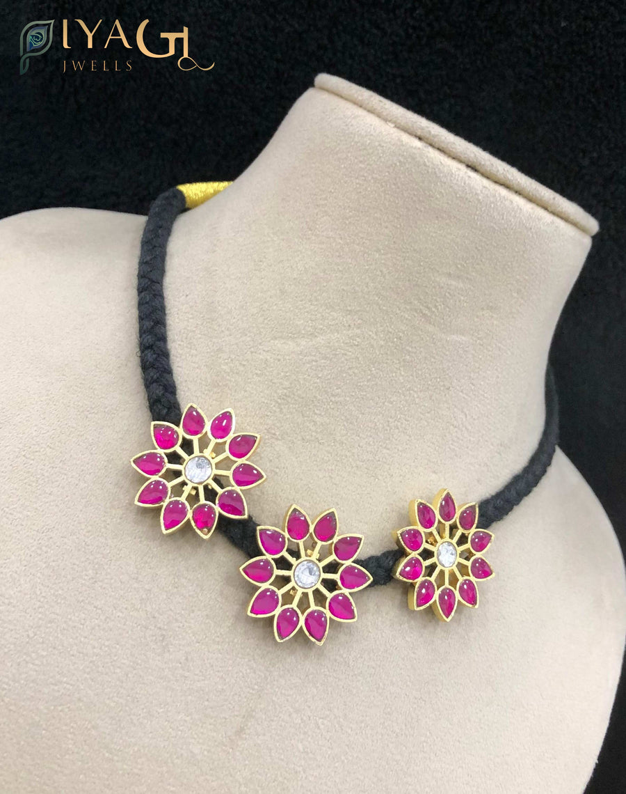 Multicolor gold tone floral design choker necklace with stone stones for festive occasions - PiyaGuJwells