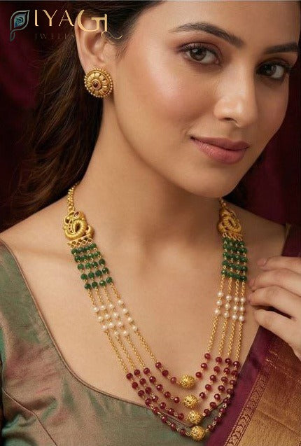 Gold antique finish multicolor bead layered necklace earring set for ethnic occasions - PiyaGuJwells
