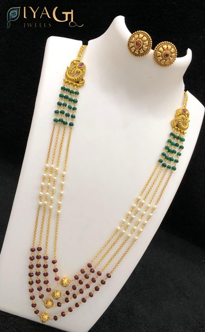 Gold antique finish multicolor bead layered necklace earring set for ethnic occasions - PiyaGuJwells