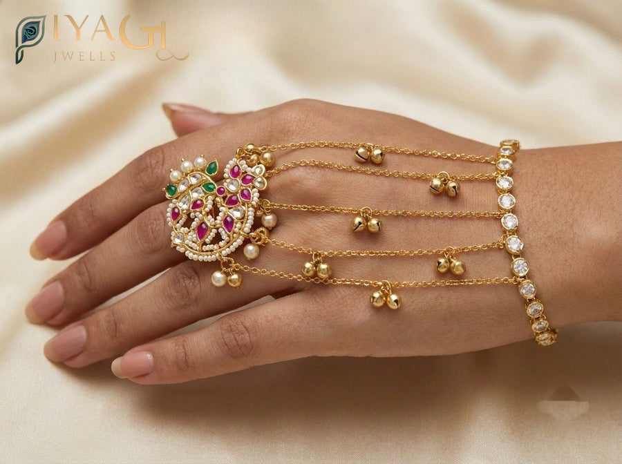 Gold tone multicolor stone floral design antique finish cuff bracelet set for ethnic wear - PiyaGuJwells