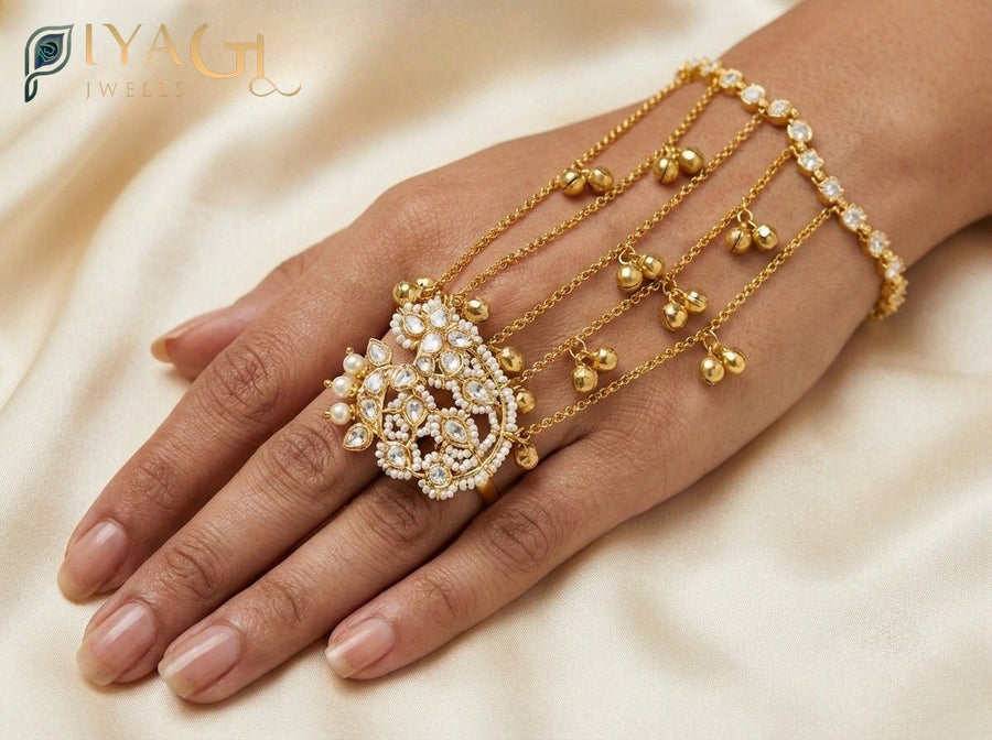 Gold tone multicolor stone floral design antique finish cuff bracelet set for ethnic wear - PiyaGuJwells