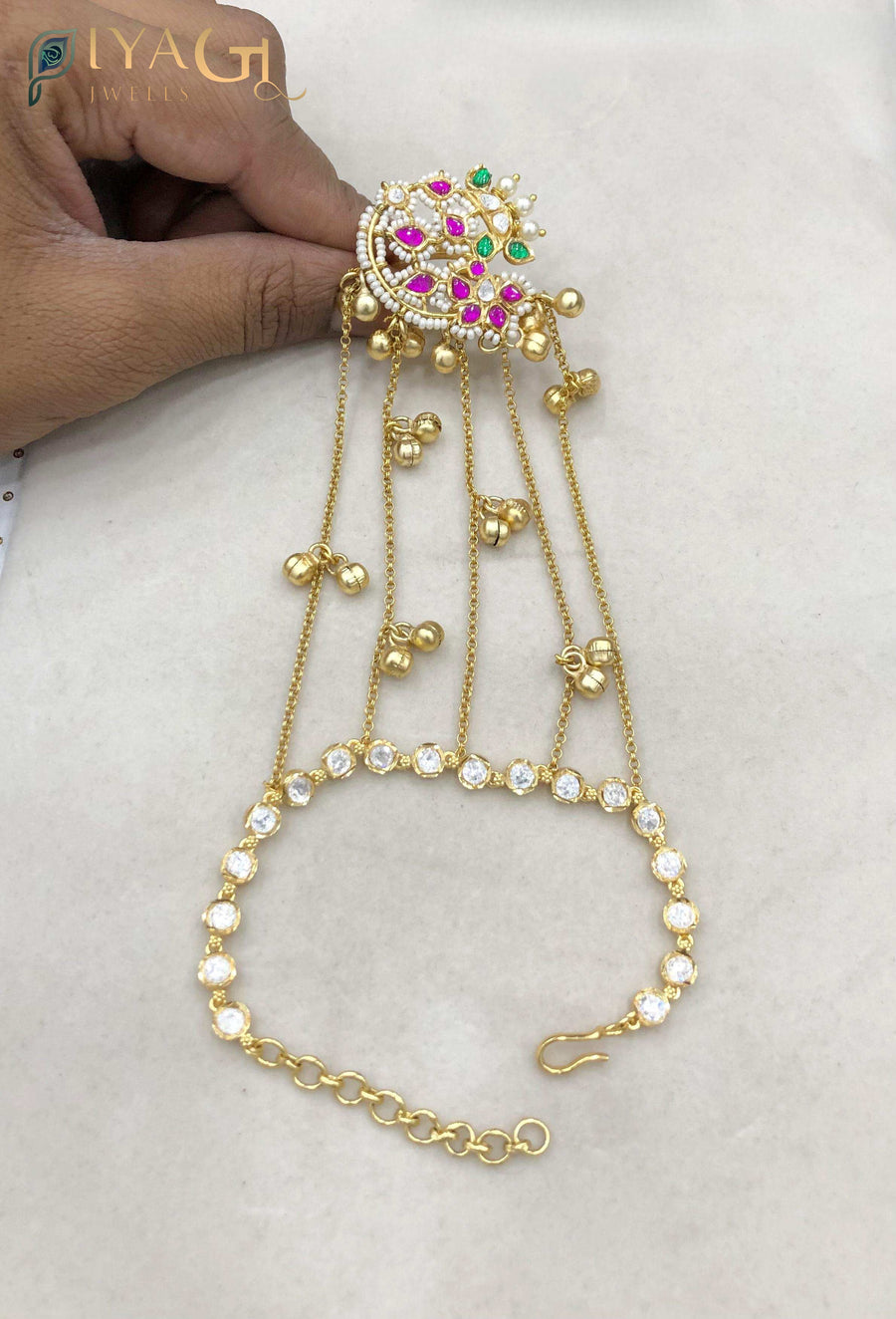 Gold tone multicolor stone floral design antique finish cuff bracelet set for ethnic wear - PiyaGuJwells