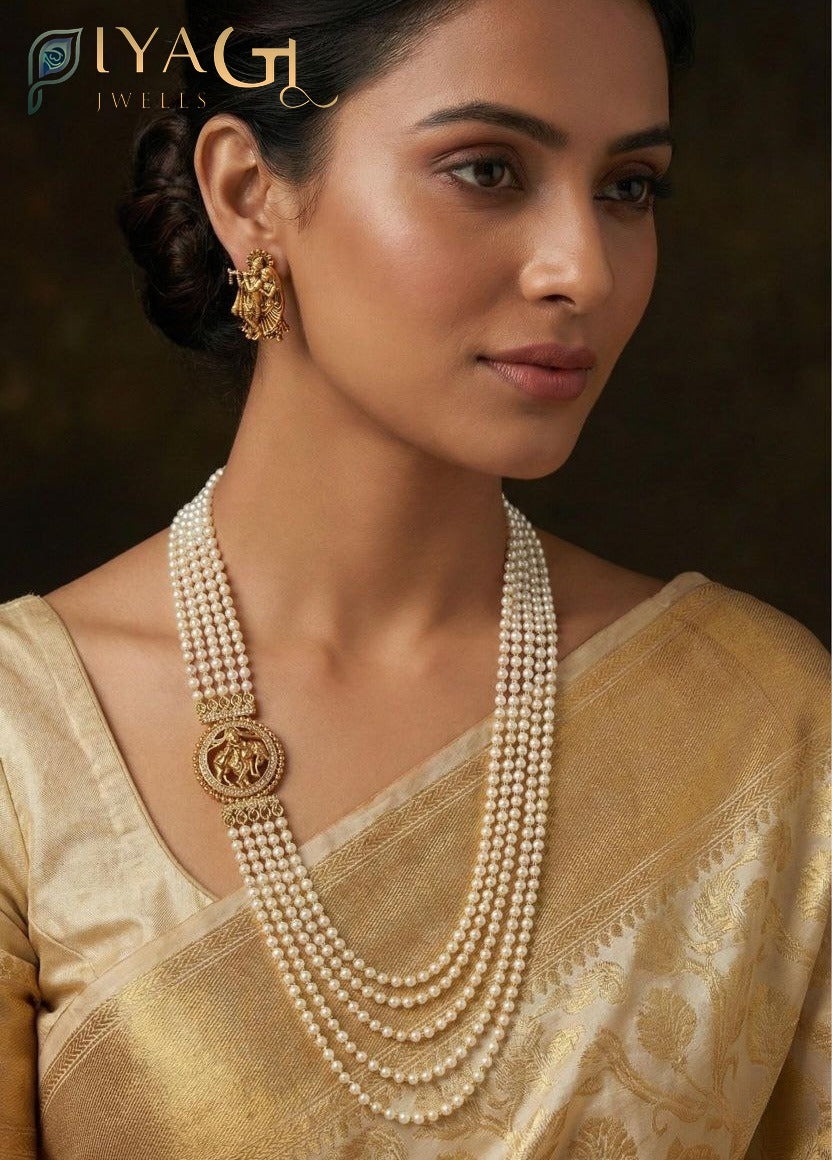 Gold antique finish white cubic zirconia layered necklace and earring set for festive wear - PiyaGuJwells