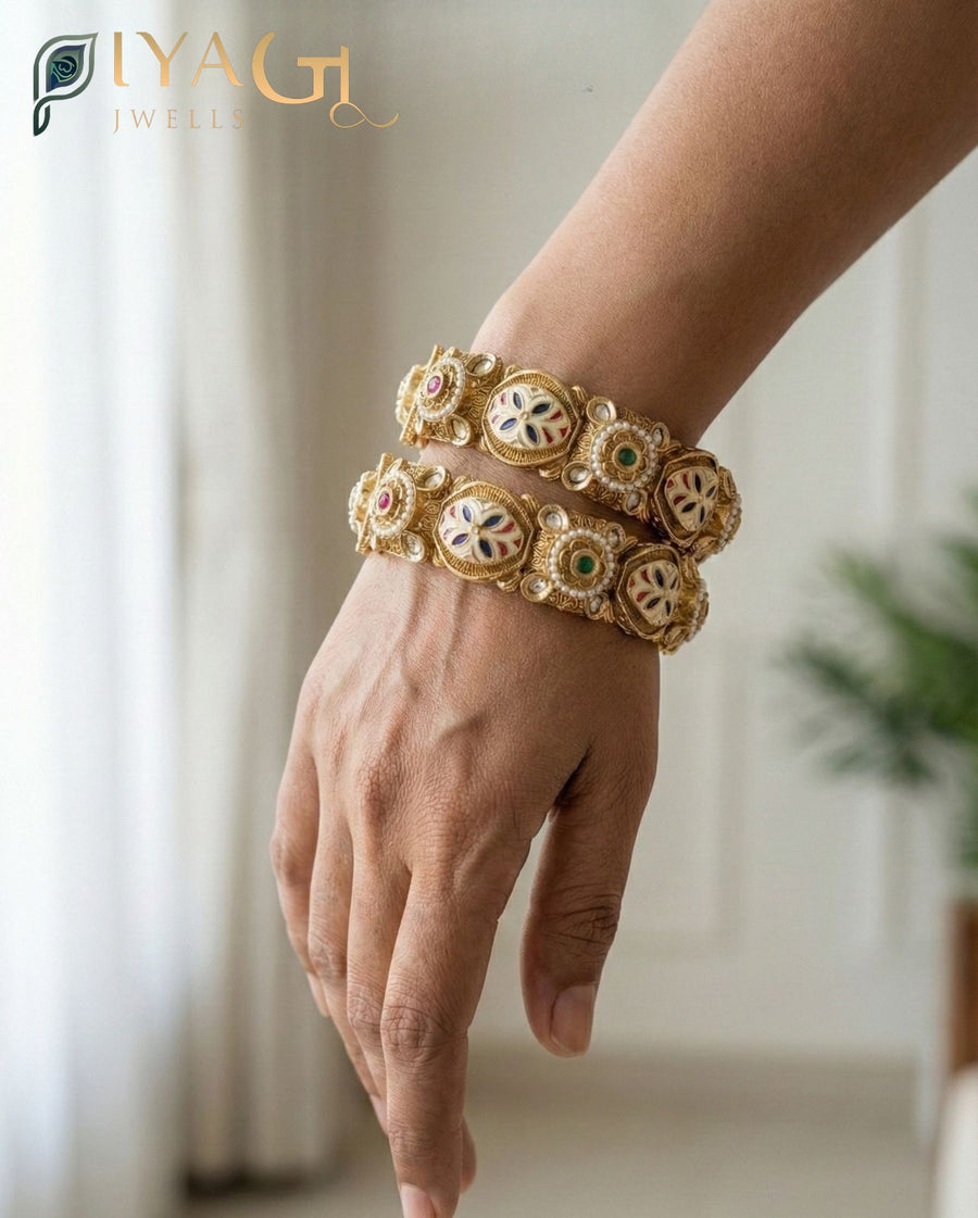 Gold tone antique finish floral design layered artificial jewellery bangles set for ethnic wear - PiyaGuJwells