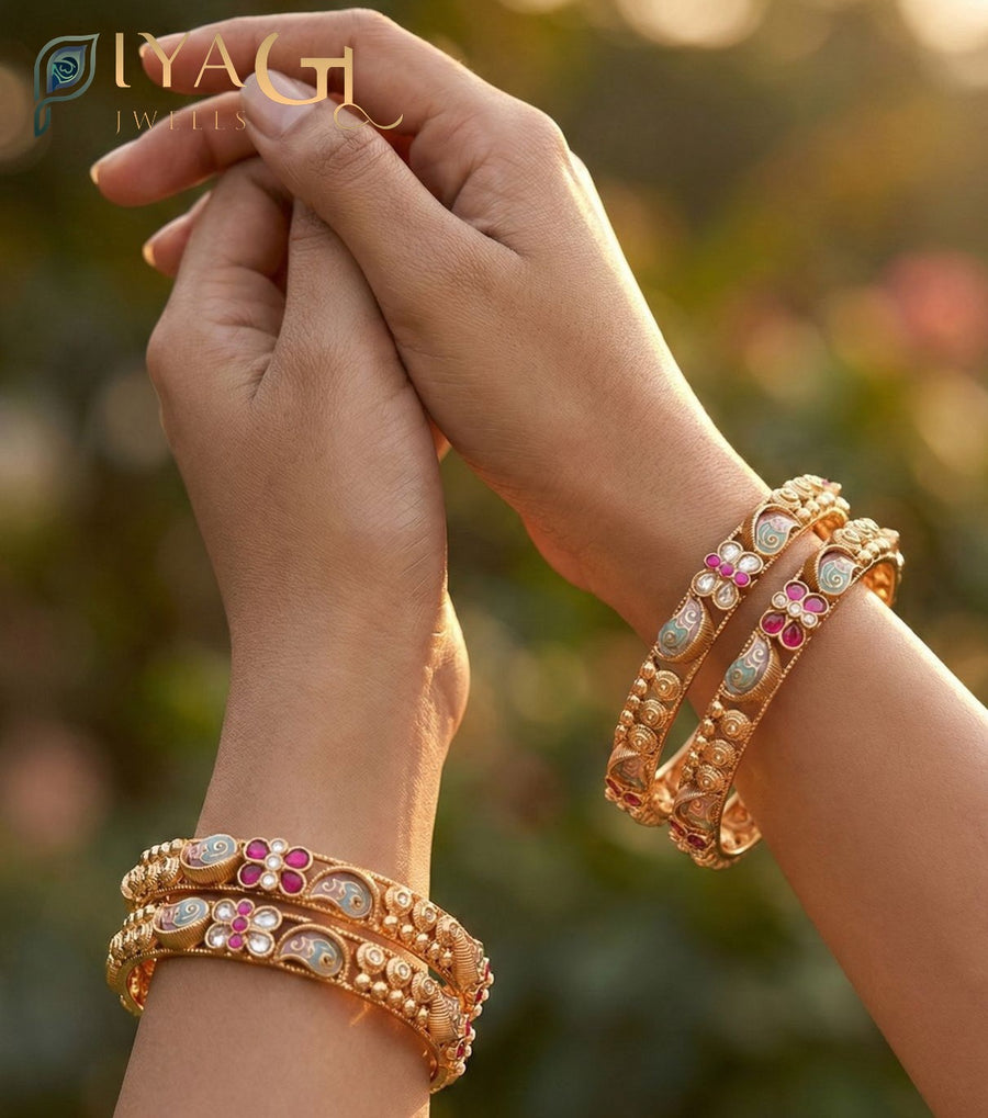Gold tone antique finish floral design layered artificial jewellery bangles set for ethnic wear - PiyaGuJwells
