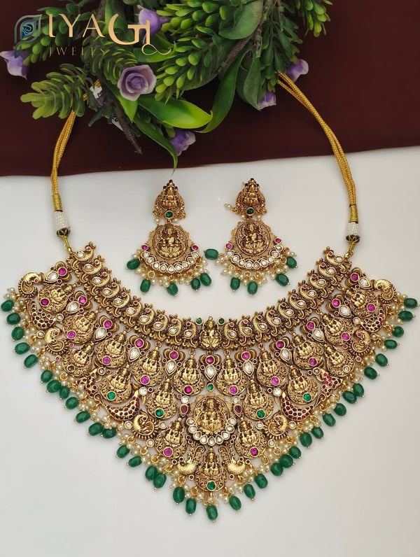 Multicolor gold tone temple design stone choker necklace bridal jewellery - PiyaGuJwells