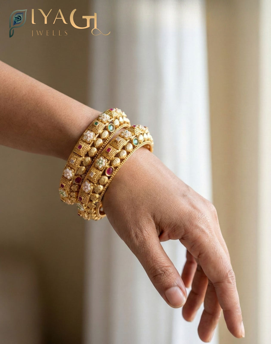 Gold antique finish pearl and multicolor meenakari bangles set for ethnic wear - PiyaGuJwells
