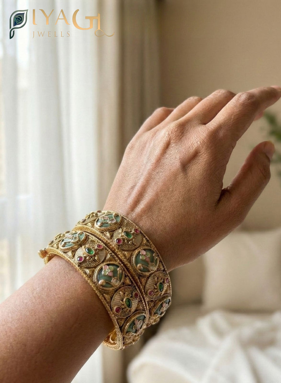Gold antique finish pearl and multicolor meenakari bangles set for ethnic wear - PiyaGuJwells