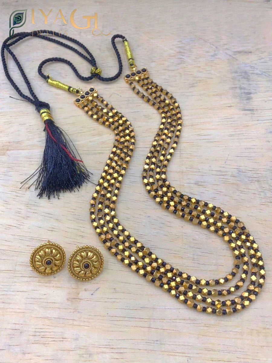 Gold antique finish layered bead necklace earring set ethnic wear - PiyaGujWells