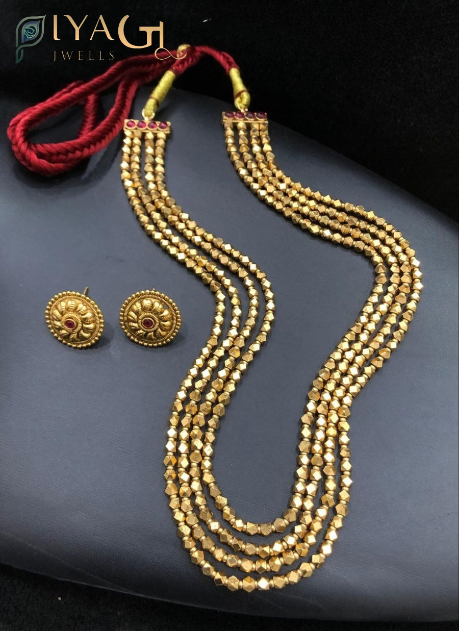Gold antique finish layered bead necklace earring set ethnic wear - PiyaGujWells