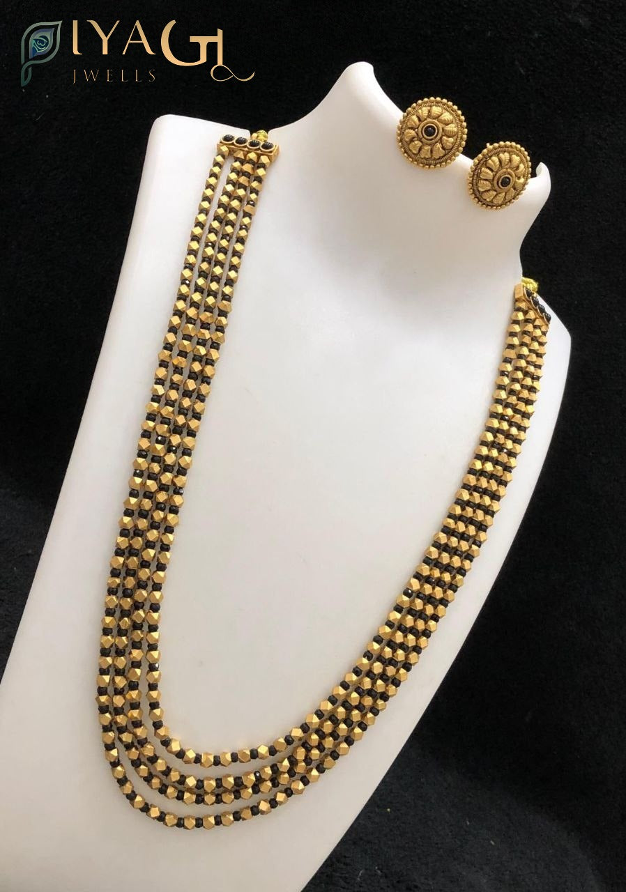 Gold antique finish layered bead necklace earring set ethnic wear - PiyaGujWells