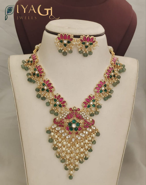 Multicolor gold-tone floral design layered necklace set for festive occasions - PiyaGuJwells