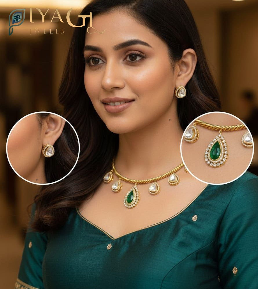 Gold polished floral choker necklace earring set for festive wear - PiyaGuJwells