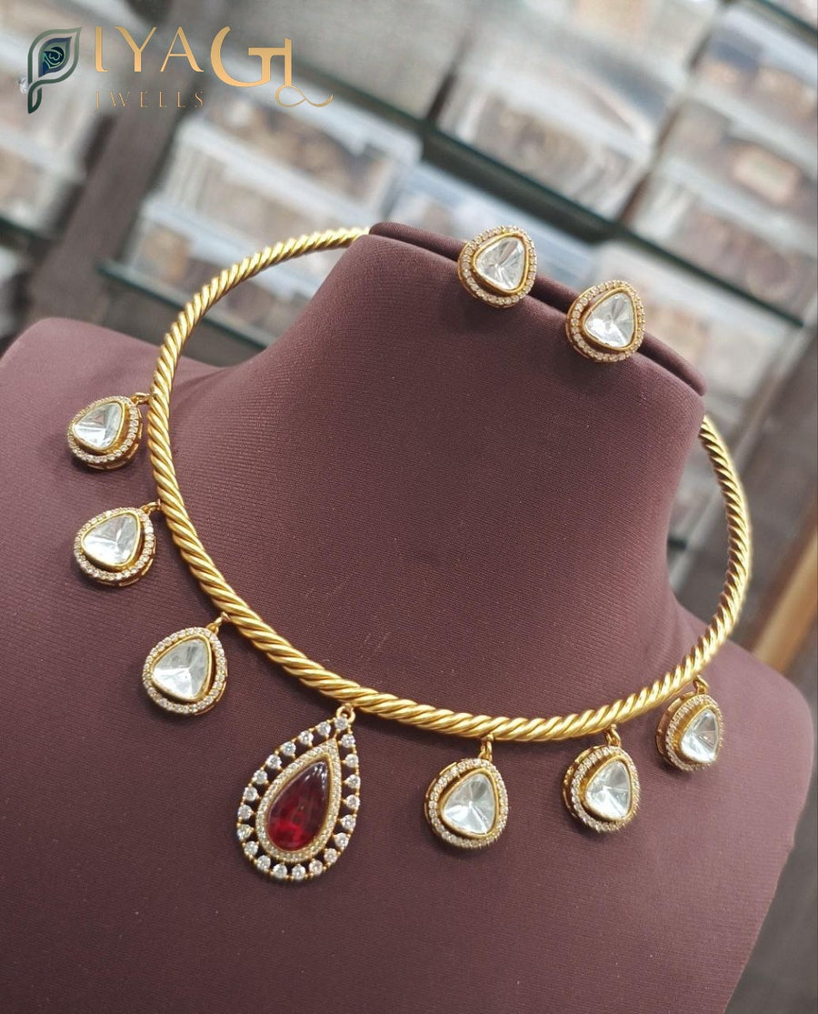 Gold polished floral choker necklace earring set for festive wear - PiyaGuJwells