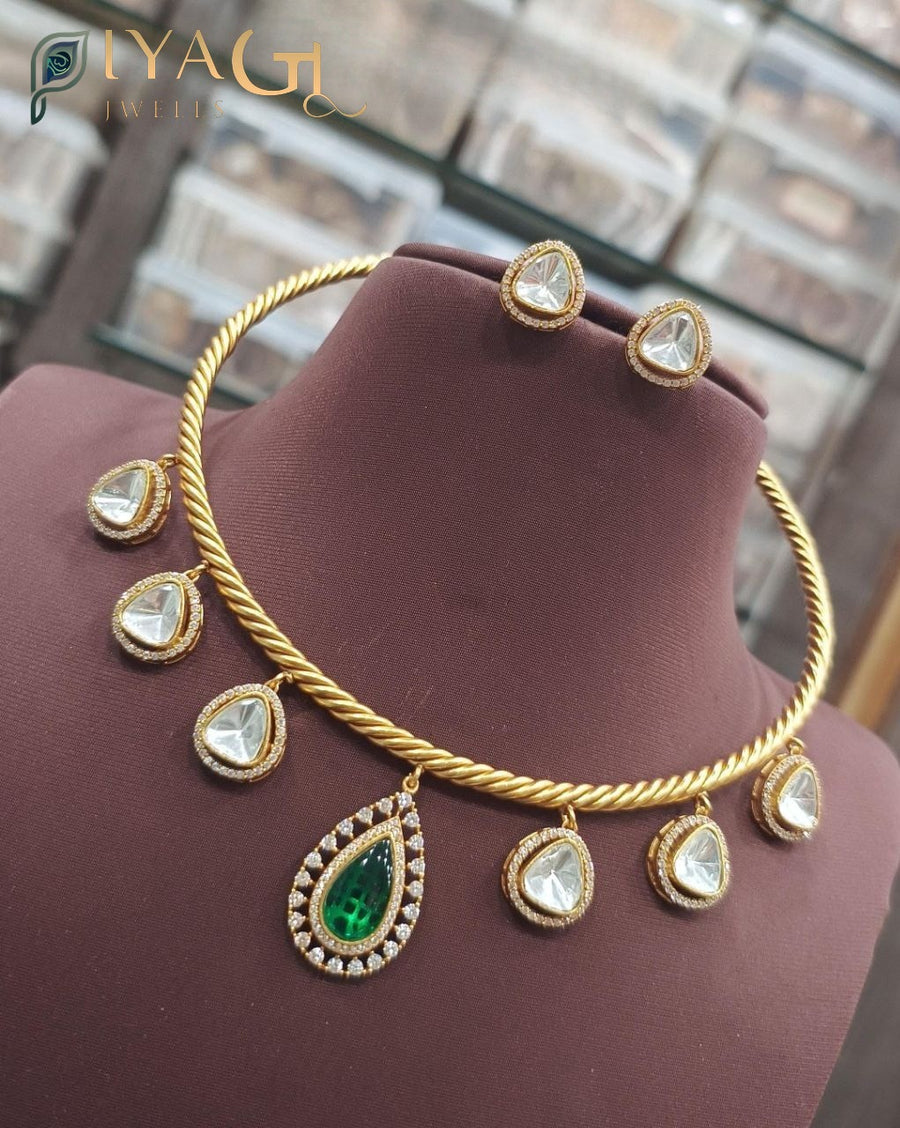 Gold polished floral choker necklace earring set for festive wear - PiyaGuJwells