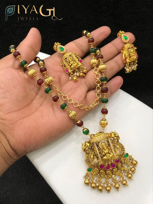Gold antique finish kempu stone long necklace set for ethnic wear - PiyaGuJwells