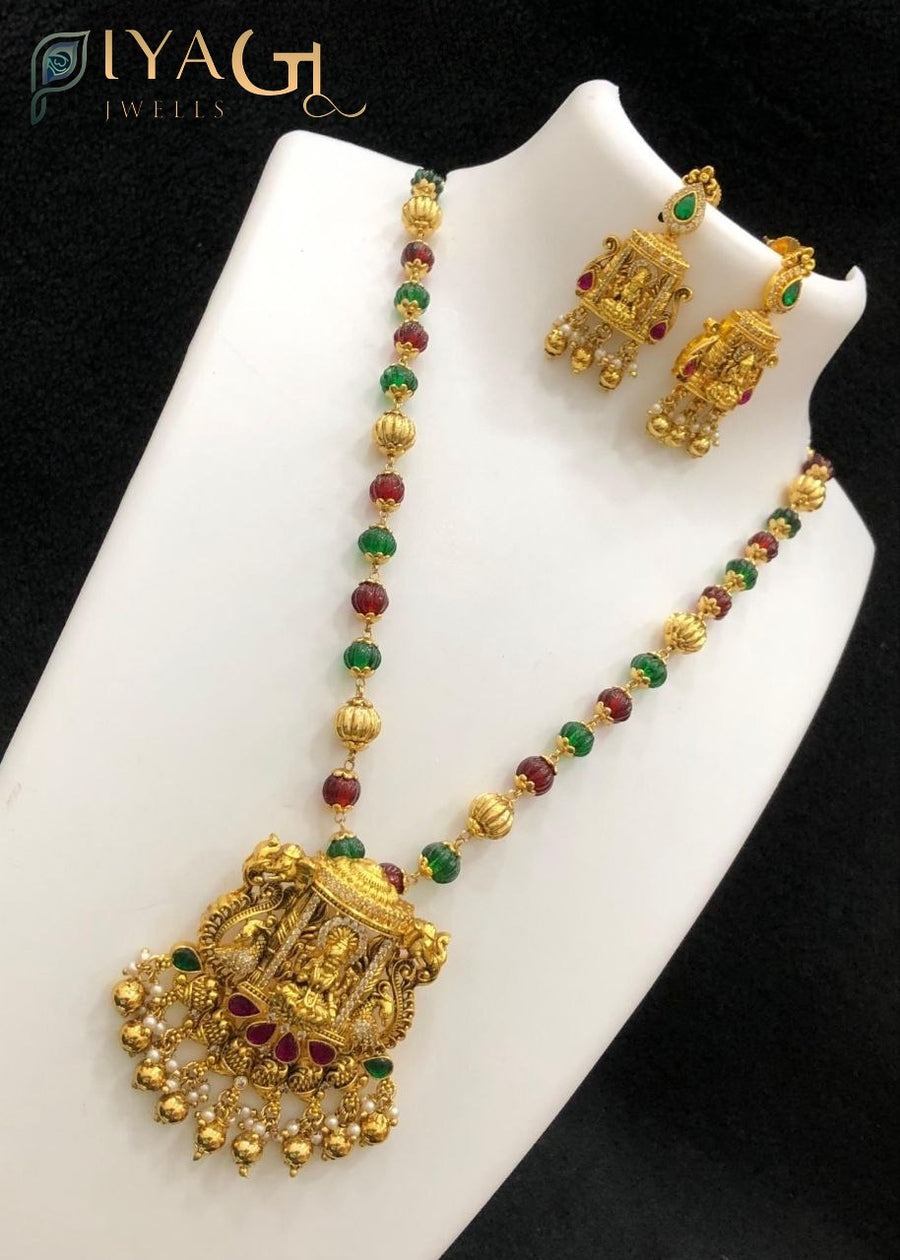 Gold antique finish kempu stone long necklace set for ethnic wear - PiyaGuJwells