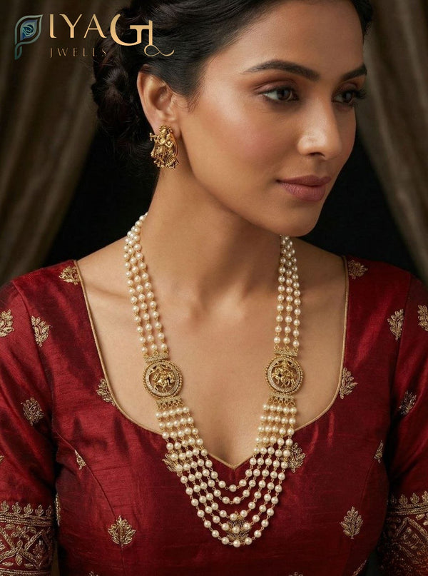 Gold antique finish white cubic zirconia layered necklace earring set for ethnic festive occasions - PiyaGuJwells