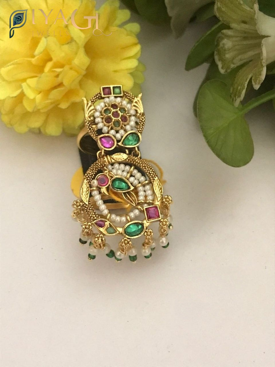 Multicolor polki gold tone adjustable ring for ethnic wear - PiyaGuJwells