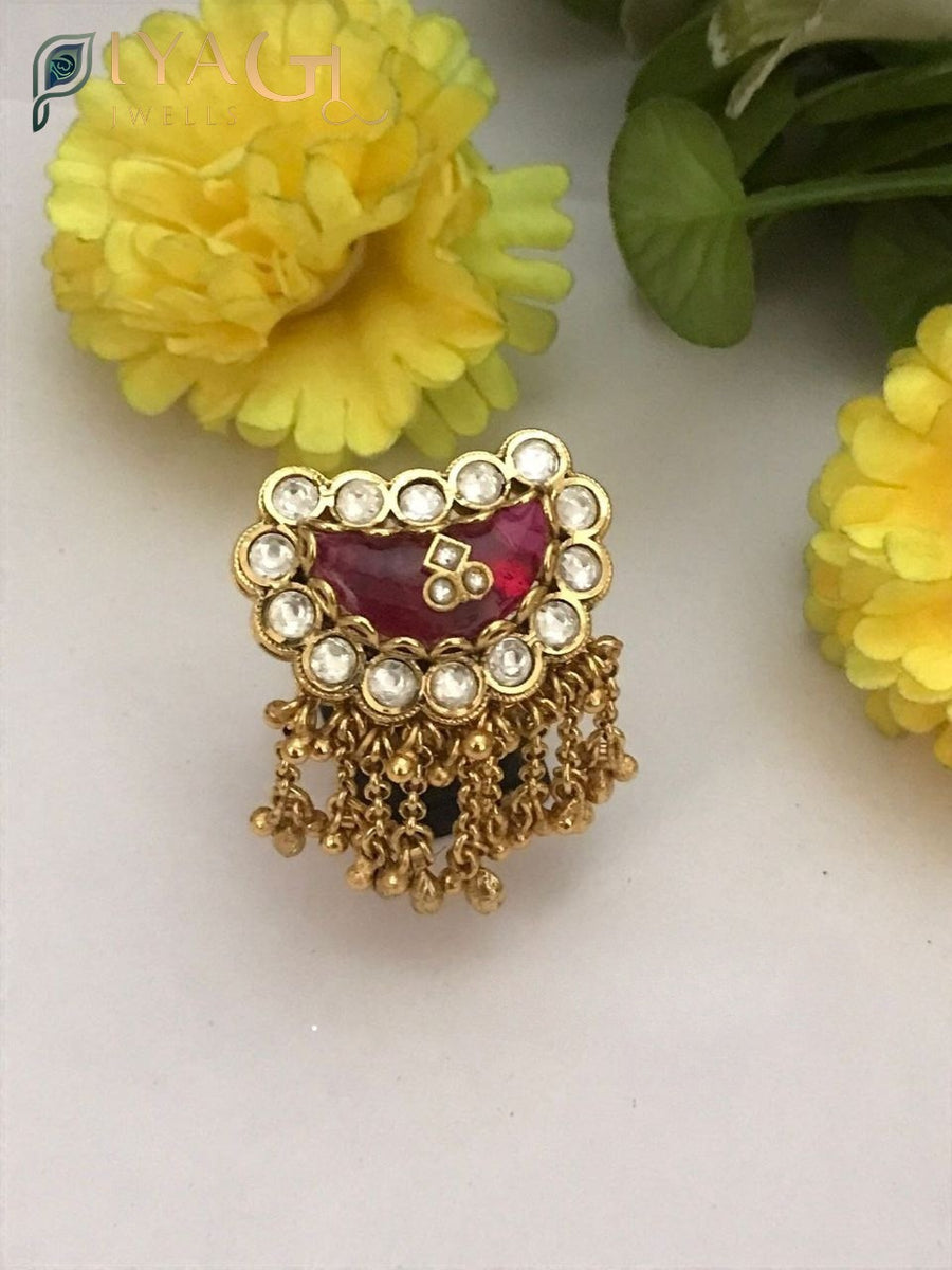 White and red polki stones on a gold-tone floral ring for festive occasions - PiyaGuJwells