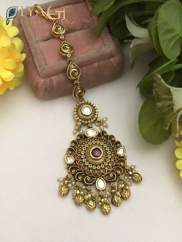Multicolored stone gold tone floral design maang tikka for ethnic wear - PiyaGuJwells