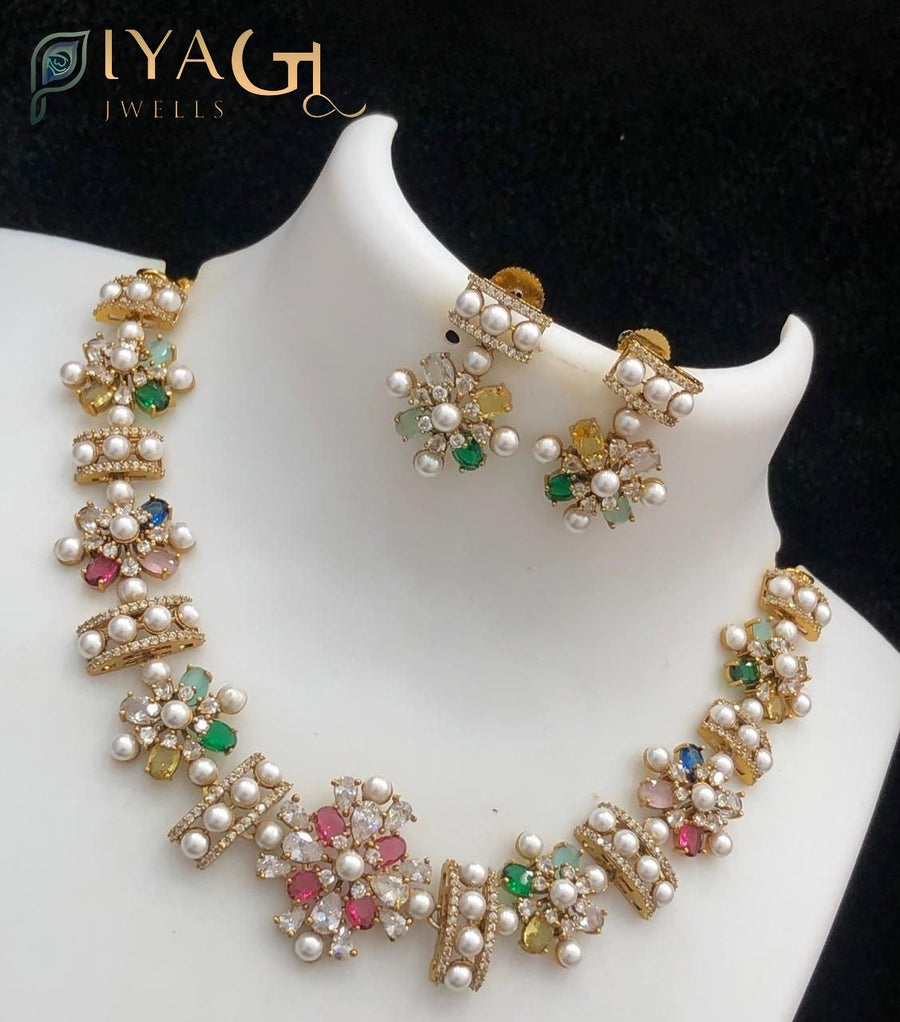 Gold polished floral stone choker necklace for festive wear - PiyaGuJwells