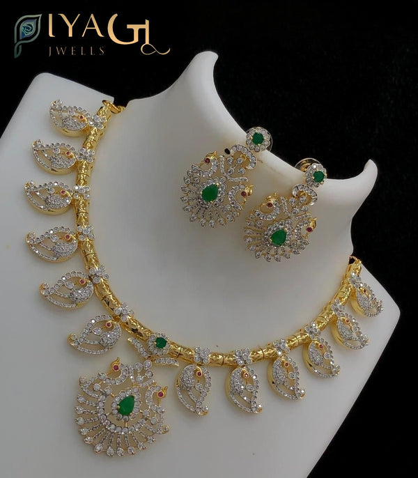 Gold polished white stone choker necklace for bridal occasions - PiyaGuJwells