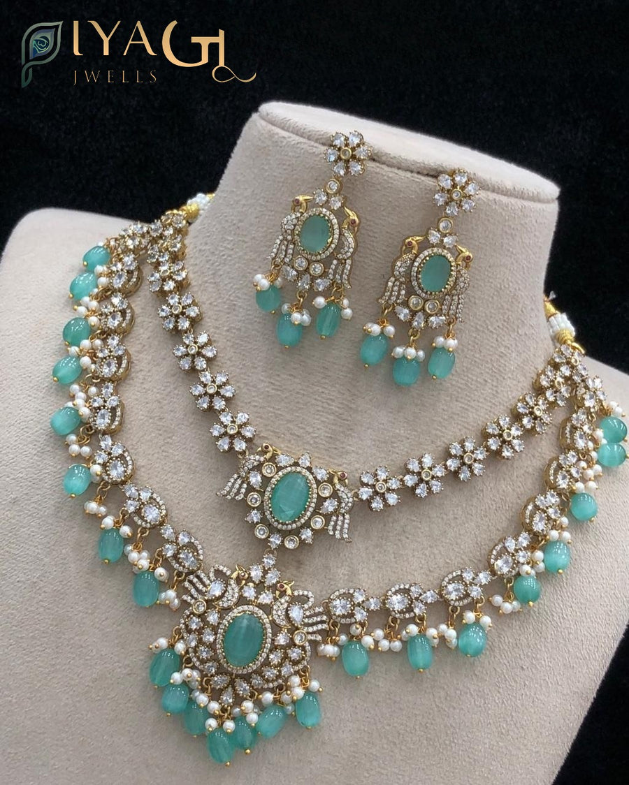 White green pink stone polished floral layered artificial jewellery necklace set for ethnic festivities - PiyaGuJwells